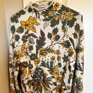 Anthropologie Beatriz Mock Neck Sweater Puff Sleeve Retro Floral Leaf size M